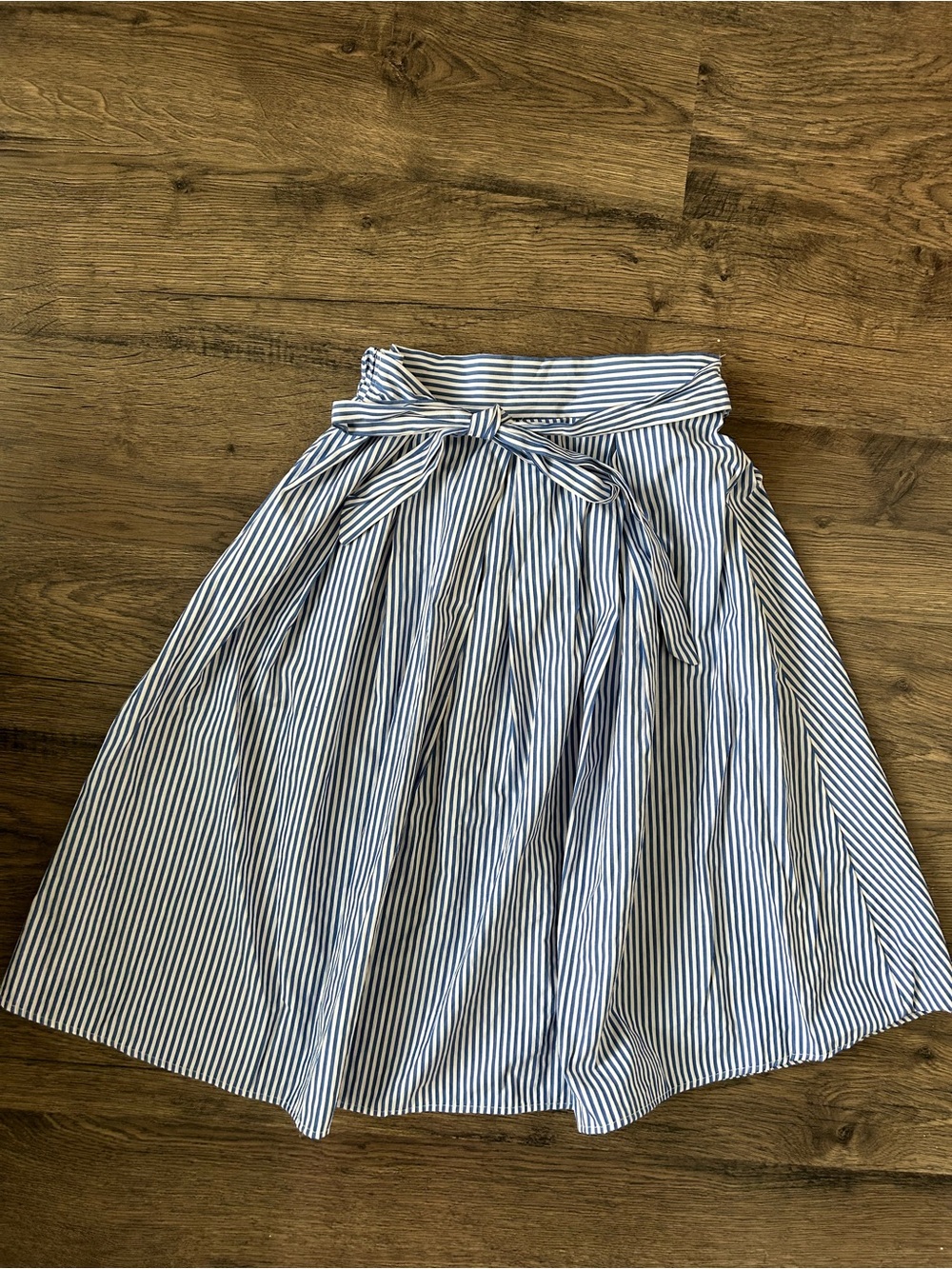 See You Monday Blue and White Striped Tie-Waist Circle a line cotton Skirt